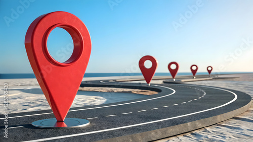 3D Digital Illustration of Location Pins on a Scenic Roadway Location Journey