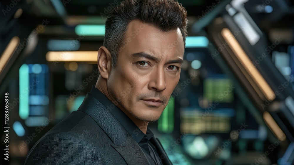 Confident Asian Man in Futuristic Setting Confident Asian Man in Futuristic Setting
