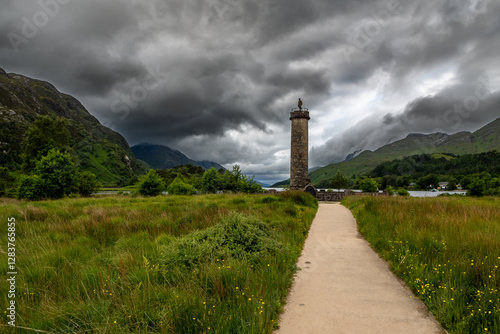 Glenfinnan Monument On The Road To The Isles At Lake Loch Shiel In Lochaber In Scotland, UK