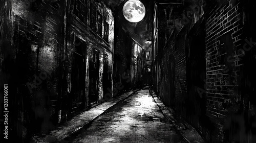 Shadows loom large in an alley steeped in suspense. Eerie Moonlit Alleyway. Illustration
