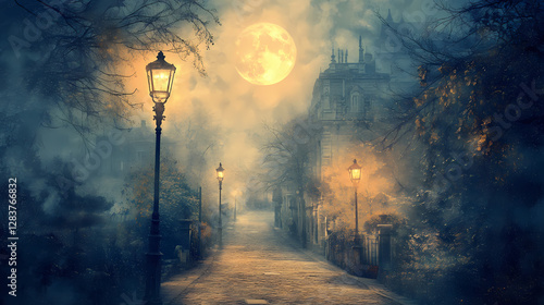 Whimsical twilight alleys foggy cobblestone streets antique vintage ornate mystical moonlit baroque architecture mysterious nostalgia soft warm golden hour. Eerie Moonlit Alleyway. Illustration