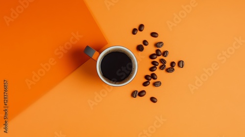 A Delicate Coffee Cup with Coffee Beans on an Orange Background