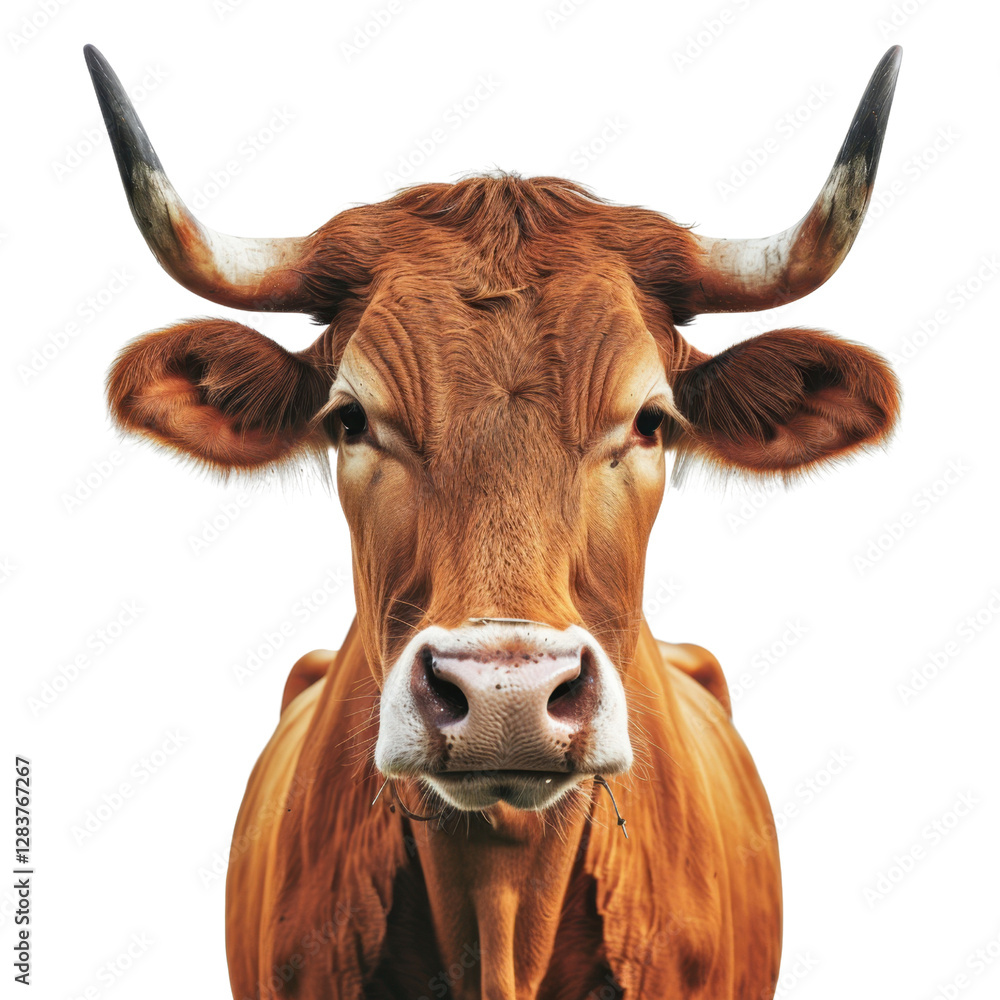 close up of brown cow with prominent horns and serious expression, showcasing its features and texture. This captures essence of farm life and livestock close up of brown cow with prominent horns and serious expression, showcasing its features and texture. This captures essence of farm life and livestock