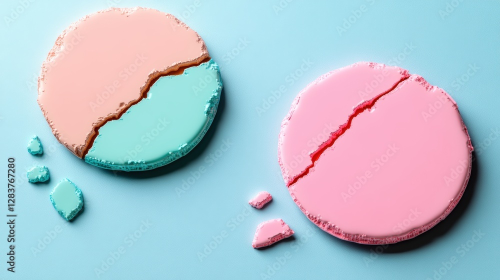 Two pieces of cake with pink and blue frosting on abstract blue and pink background Two pieces of cake with pink and blue frosting on abstract blue and pink background