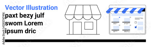 Physical store with awning and door next to an online storefront webpage design with blue elements, dummy text. Ideal for e-commerce, retail, business, marketing, website design, digital