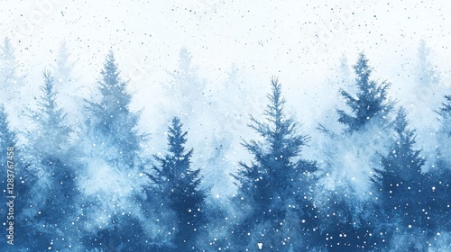 Watercolor painting of blue and white trees with snowflakes in a winter background scene