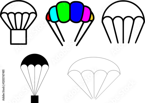 Parachute Vector Set: Round, Dome, Ram-Air Canopy, Skydiving, Airdrop, Rescue, Tactical, Paraglider, Balloon, Gliding, Air Sports, Freefall, Jump, Canopy Design, Silhouette, Line Art