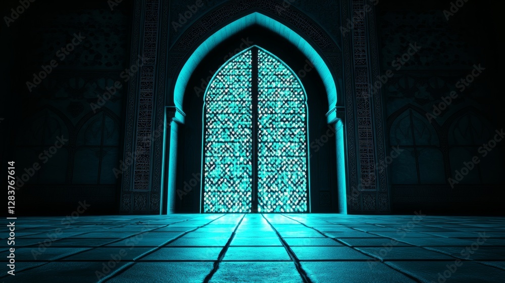 3D rendering of an Islamic arch with glowing blue light shining through the window, creating a spiritual atmosphere and symbolizing the connection between Ramadan and its festive ambiance 3D rendering of an Islamic arch with glowing blue light shining through the window, creating a spiritual atmosphere and symbolizing the connection between Ramadan and its festive ambiance