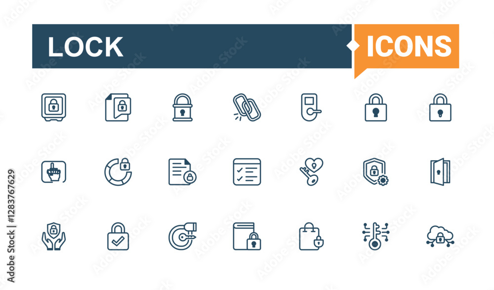 Lock icon collection. Containing door, red, passkey, business, key, protect and more. Line with editable stroke. Solid line editable stroke. Lock icon collection. Containing door, red, passkey, business, key, protect and more. Line with editable stroke. Solid line editable stroke.