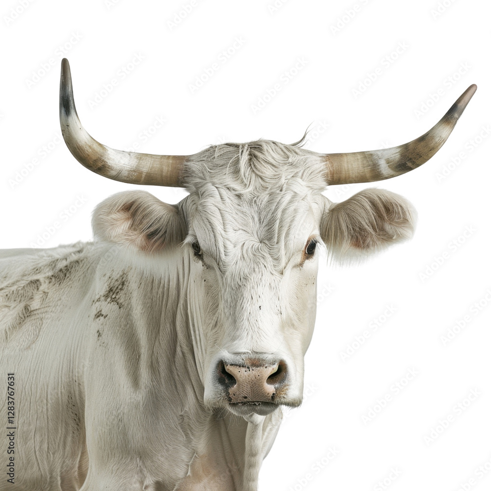 White cow with large horns, looking directly at camera, isolated on transparency background White cow with large horns, looking directly at camera, isolated on transparency background