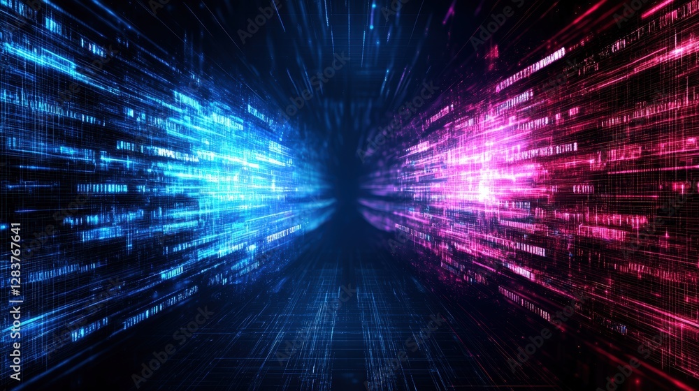 Fototapeta premium Abstract technology background featuring glowing lines and lights in blue mint and pink colors