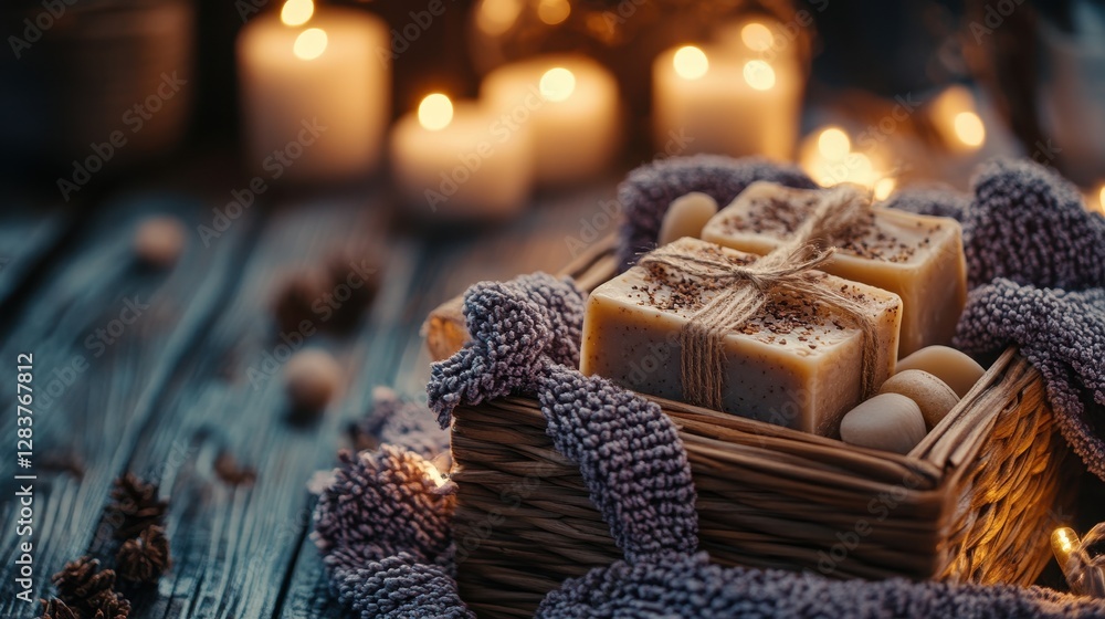 Organic Handmade Soap in a Basket with Candles and Warm Lighting Organic Handmade Soap in a Basket with Candles and Warm Lighting