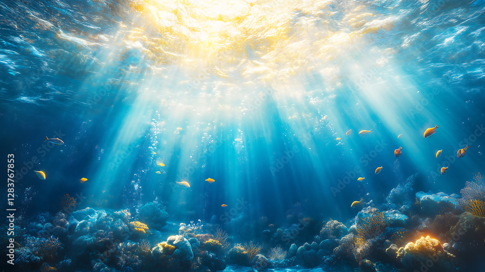 Fototapeta premium Underwater Ocean Scene with Sunlight Rays and Marine Life – Perfect for Nature and Aquatic Themes, marine life documentaries, nature wallpapers, ocean conservation campaigns, travel blogs,