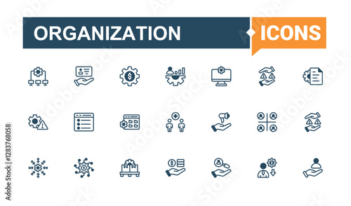 Organization modern icons set. Includes icons for project, communication, management, human, person, resources, job, leader, meeting. Web icons. Editable stroke icon collections.