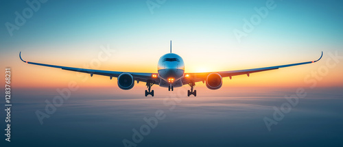 Commercial Airplane Landing at Sunset – Ideal for Airline Promotions, Travel Blogs, and Aviation Websites, airline advertisements, travel websites, aviation blogs, flight booking platforms, and promot