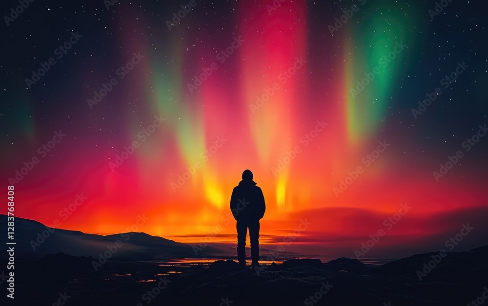 Obraz premium Man silhouetted against vibrant aurora borealis over calm waters