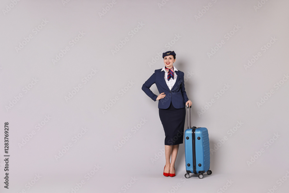 Smiling stewardess with suitcase on grey background. Space for text Smiling stewardess with suitcase on grey background. Space for text