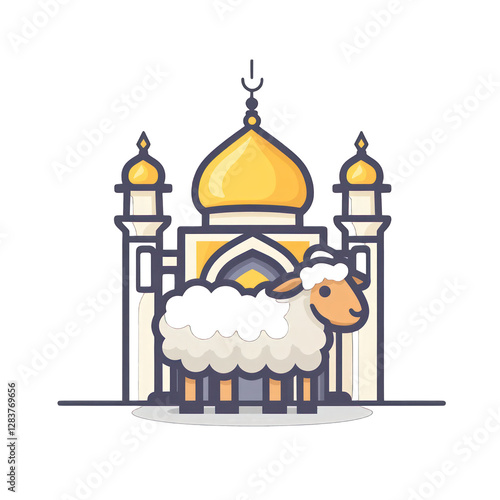 Cute Eid al-Adha Illustration with Sheep and Mosque