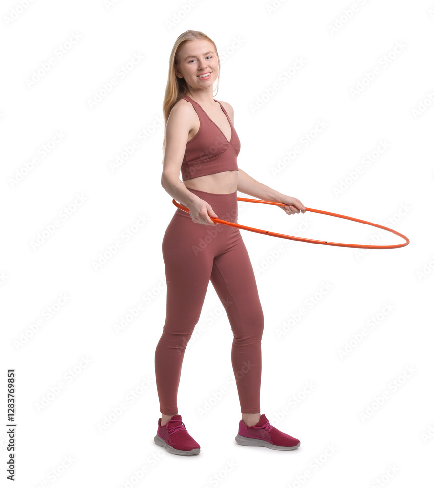 Beautiful young woman exercising with hula hoop on white background Beautiful young woman exercising with hula hoop on white background