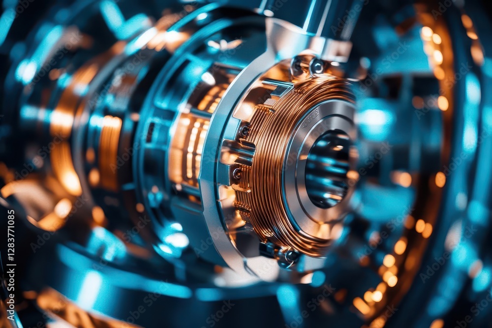 cutaway view of sleek electric motor components, polished metal surfaces, intricate copper windings, blue-tinted industrial lighting