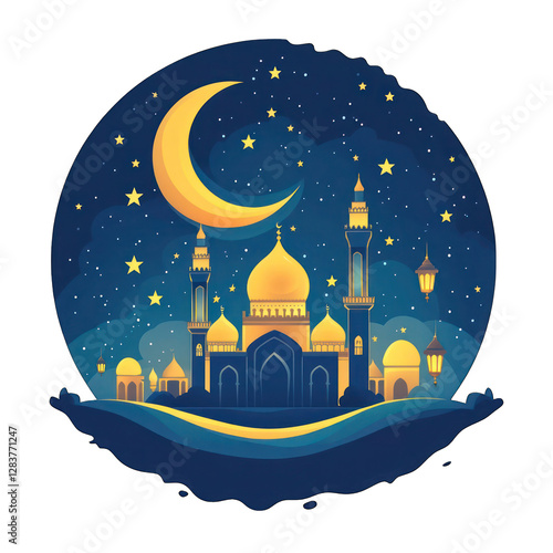 Golden Mosque in Desert Night with Crescent Moon and Stars