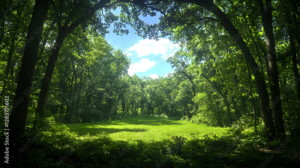 Fototapeta premium Lush green forest clearing illuminated by bright summer sunlight under a blue sky framed by tree branches.