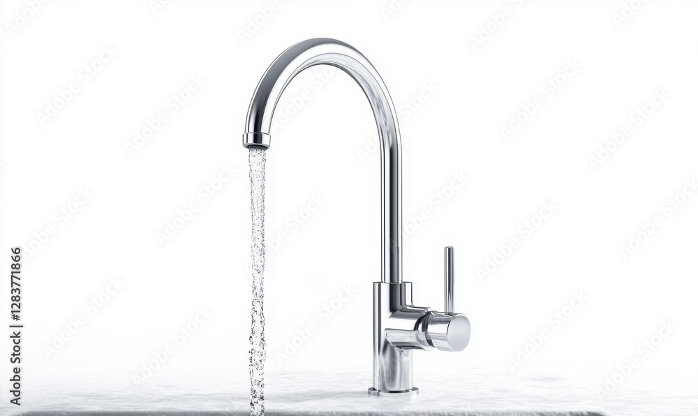Modern chrome faucet with flowing water in minimalist kitchen Modern chrome faucet with flowing water in minimalist kitchen