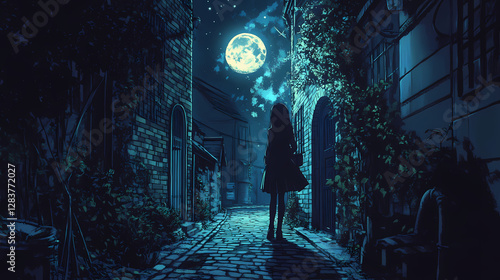 Anime character in a haunted alley at midnight, shadows creeping, detailed bricks and eerie atmosphere. Eerie Moonlit Alleyway. Illustration photo