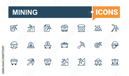 Mining icons. Contains related to mine, underground, rock, power, as, mining and more. Perfect for logos and infographic. Solid line editable stroke.