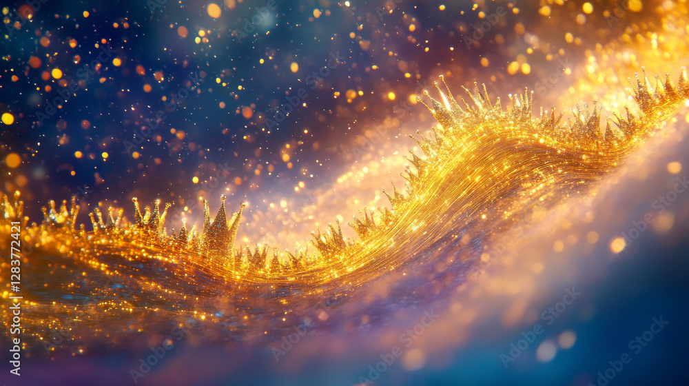 Naklejka premium Abstract golden light trail with shine and crown signs. Gold glow motion effect, shiny flare wave with sparkles and flying royal symbols, vector realistic illustration