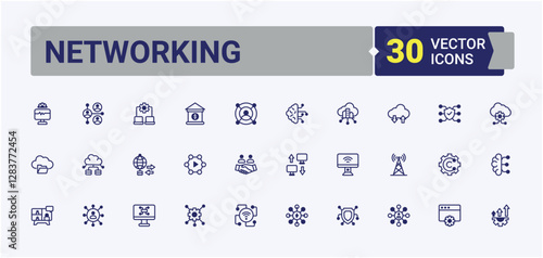 Networking minimal icon set. Pack of tech, technology, collaboration, group, network, digital, meeting, internet. Minimal linear icons. Solid line editable stroke.