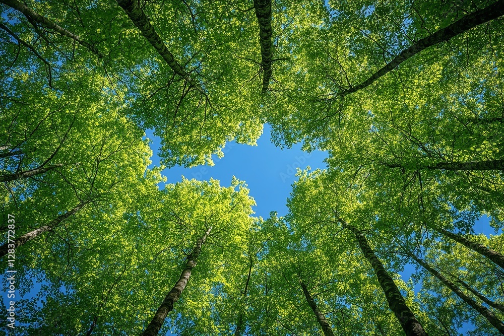 Fototapeta premium A view from below, looking up at the green treetops in a forest, with a backdrop of clear blue sky.