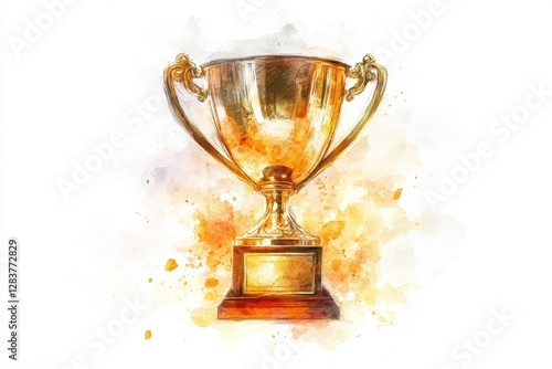 Golden Trophy on Wooden Base with Watercolor Background Effect