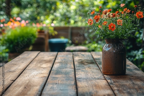 A wooden table set in a garden setting.