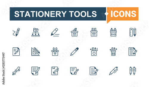Stationery Tools simple icon. Includes thin line drawing, simple, book, list, marker, web, crayon, stationery. Minimal linear icons. Solid line editable vector illustration.