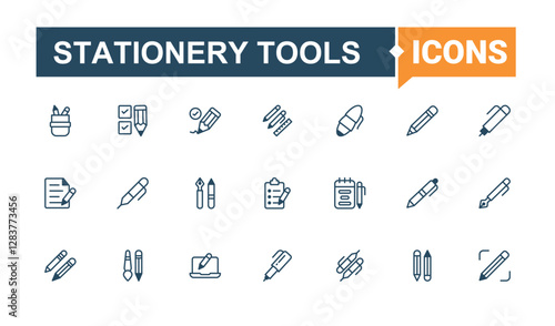 Stationery Tools simple icon. Includes thin line drawing, simple, book, list, marker, web, crayon, stationery. Minimal linear icons. Solid line editable vector illustration.