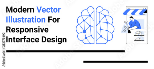Neural network concept with nodes and connections next to mobile shopping app interface and user actions. Ideal for AI innovation, e-commerce, tech solutions, learning, creativity, marketing, flat