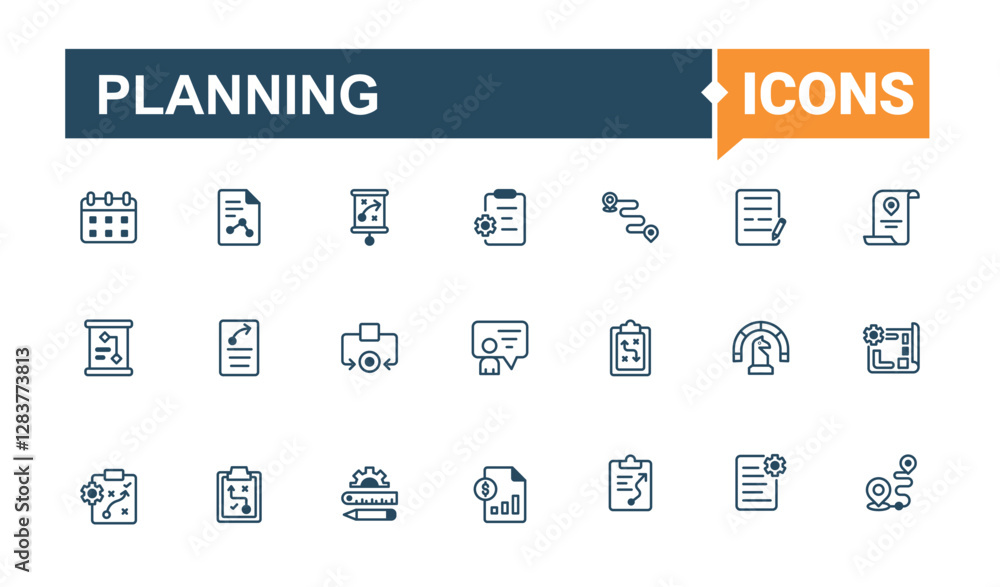 Planning Set of icons. It contains symbols to time, fun, present, saving, business, leader, target, solution. Icon design. Minimalist editable vector stroke. Planning Set of icons. It contains symbols to time, fun, present, saving, business, leader, target, solution. Icon design. Minimalist editable vector stroke.