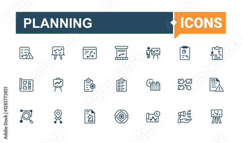 Planning Set of icons. It contains symbols to time, fun, present, saving, business, leader, target, solution. Icon design. Minimalist editable vector stroke.