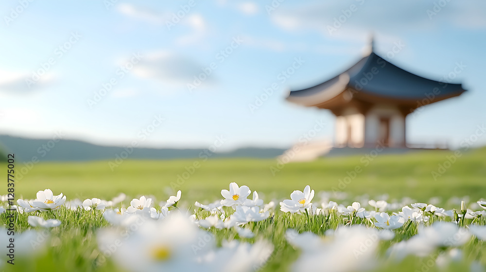 Close-up of white wildflowers in green meadow with blurred traditional Asian temple in background. Perfect for nature, travel, and mindfulness themes. Selective focus Close-up of white wildflowers in green meadow with blurred traditional Asian temple in background. Perfect for nature, travel, and mindfulness themes. Selective focus