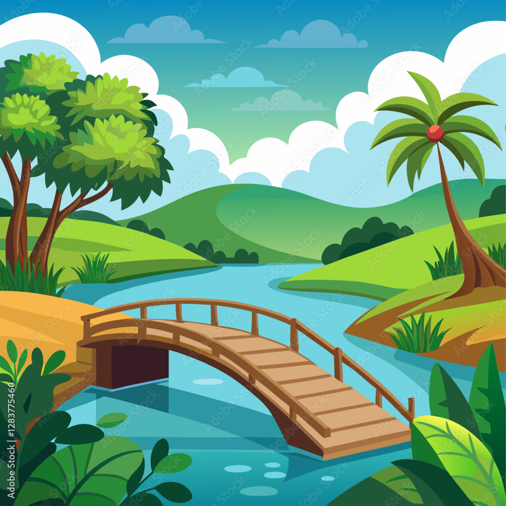 Fototapeta premium River Landscape with Bridge and Palm Tree