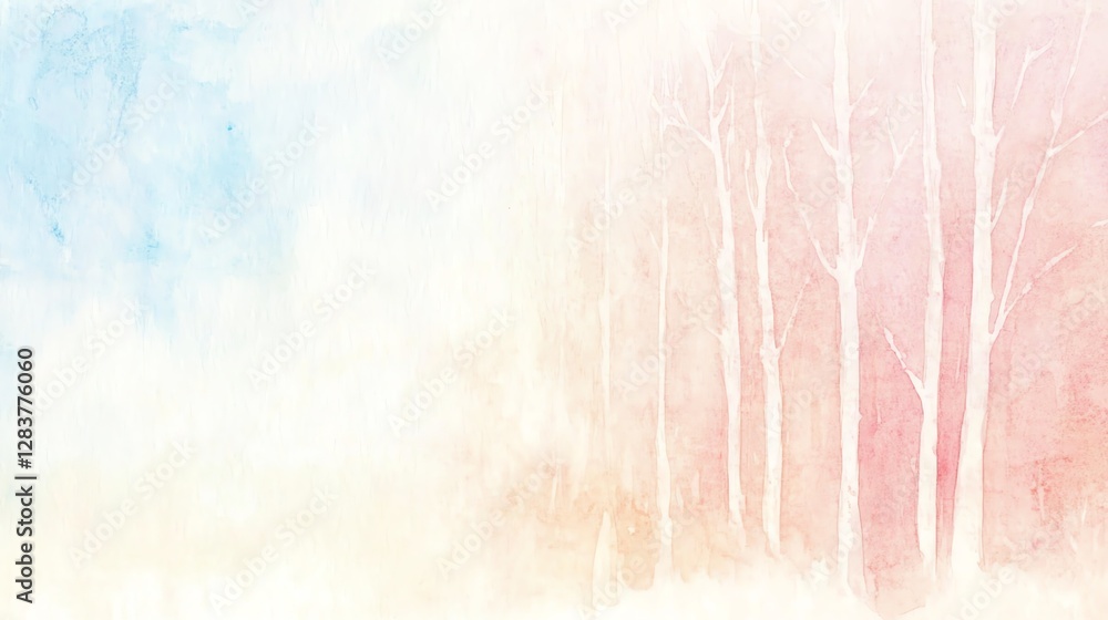 Fototapeta premium A serene, abstract landscape featuring soft pastel colors and faint white trees, evoking a tranquil and dreamy atmosphere.