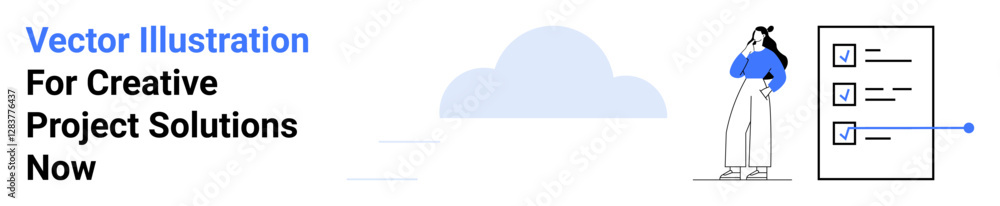 Human figure in thoughtful pose beside checklist with completed items and abstract cloud in background. Ideal for productivity, planning, organization, motivation, decision-making, workflow Human figure in thoughtful pose beside checklist with completed items and abstract cloud in background. Ideal for productivity, planning, organization, motivation, decision-making, workflow