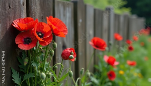 A bundle of fresh picked poppies against a rustic wooden fence in England, garden, countryside