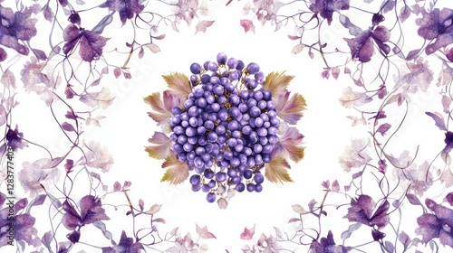 Purple Grapes Watercolor Pattern with Vine and Leaves on White Background
