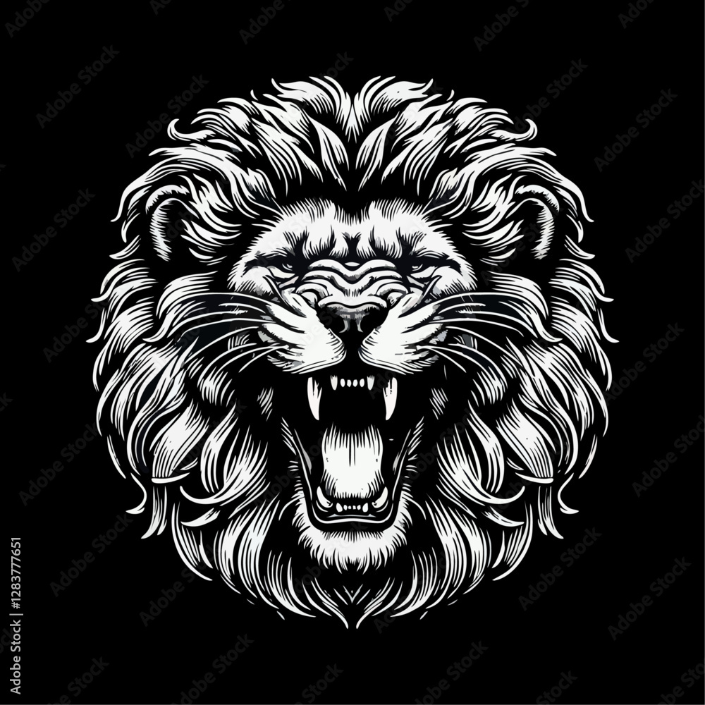 Obraz premium fierce roar growling lion head Tattoo engraving template