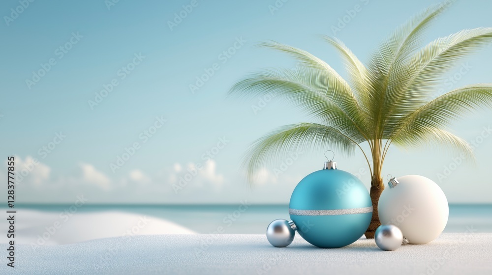 Blue and white Christmas ornament is on a beach Blue and white Christmas ornament is on a beach