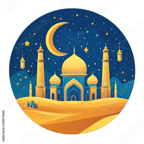 Golden Mosque in Desert Night with Crescent Moon and Stars