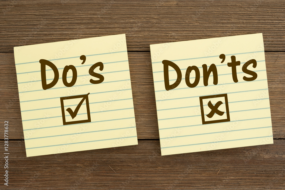 Dos and donts choice on yellow lined sticky notes on wood Dos and donts choice on yellow lined sticky notes on wood