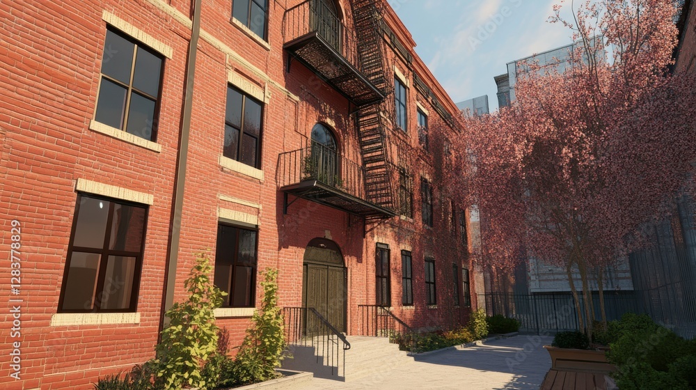 Fototapeta premium Historic red brick building with fire escape and blossoming trees in urban courtyard
